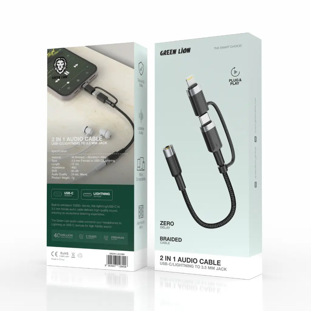 Green Lion 2 IN 1 AUDIO CABLE 12CM USB-C, LIGHTNING TO 3.5 MM JACK