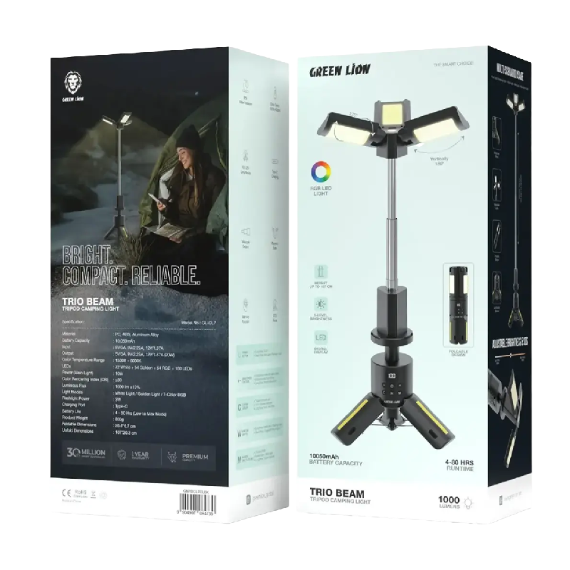 Green Lion Trio Beam Tripod Camping Light - Black