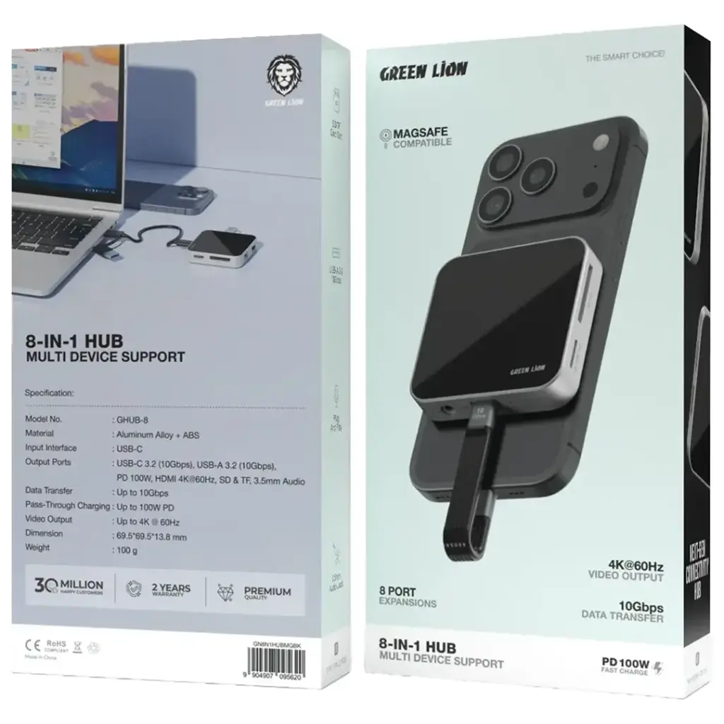 Green Lion 8-in-1 Hub Multi Device Support - Black