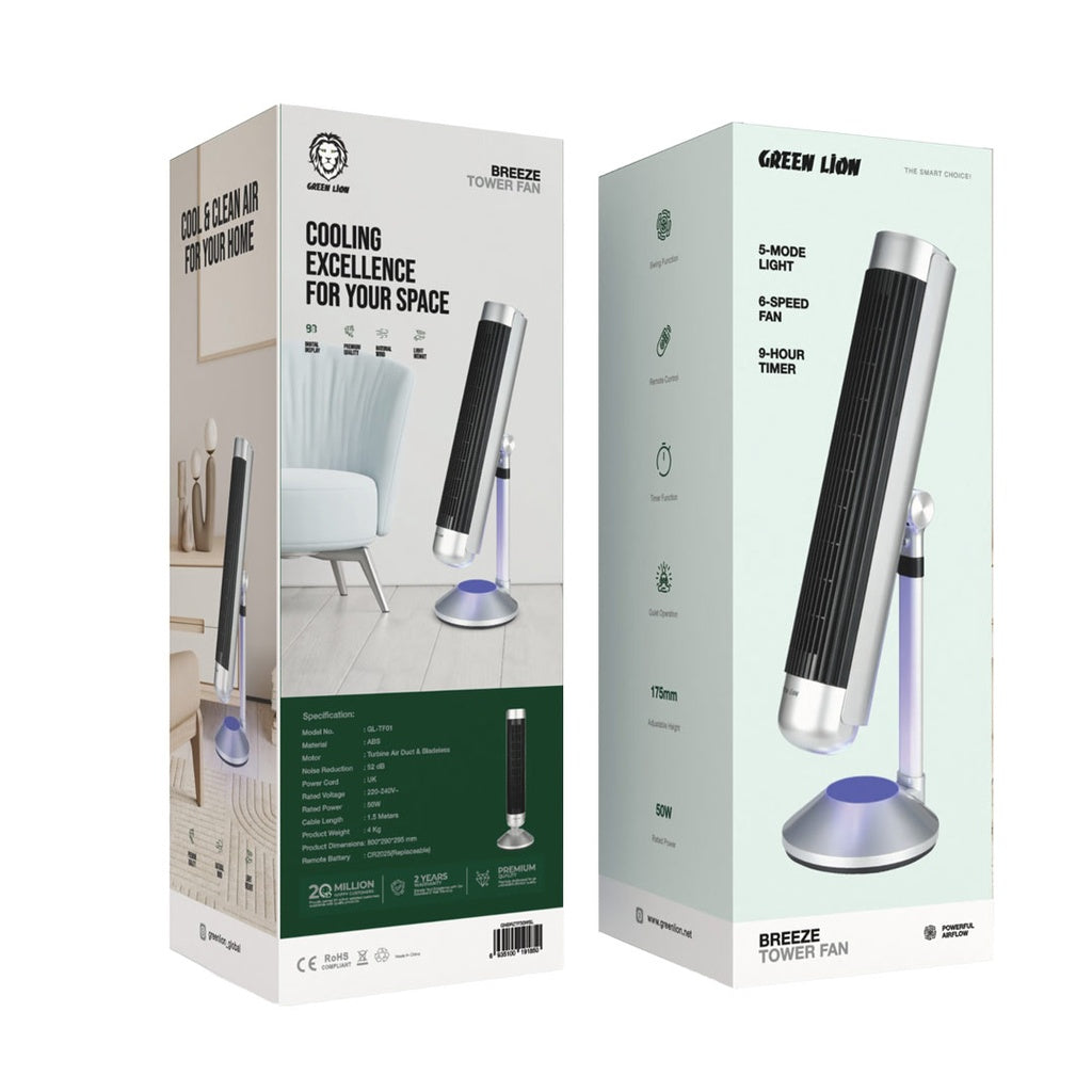 Green Lion Breeze Tower Fan - Silver