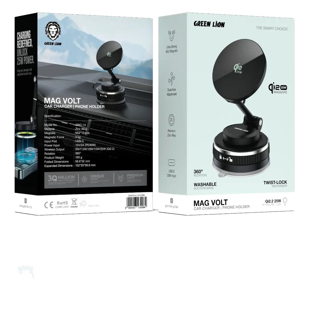 Green Lion Mag Volt Car Charger & Phone Holder - Black
