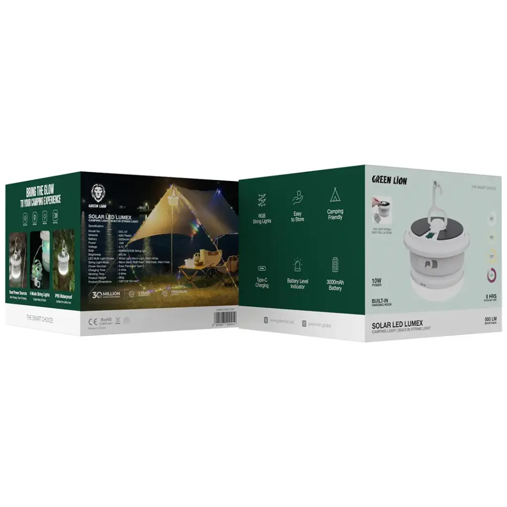 مصباح التخييم الأخضر الشمسي LED لومكس ومصباح حبل مدمج - أبيض