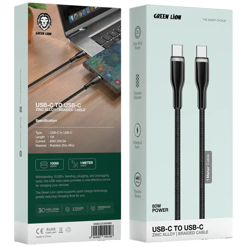 Green Lion USB-C to USB-C Zinc Alloy & Braided Cable - Black