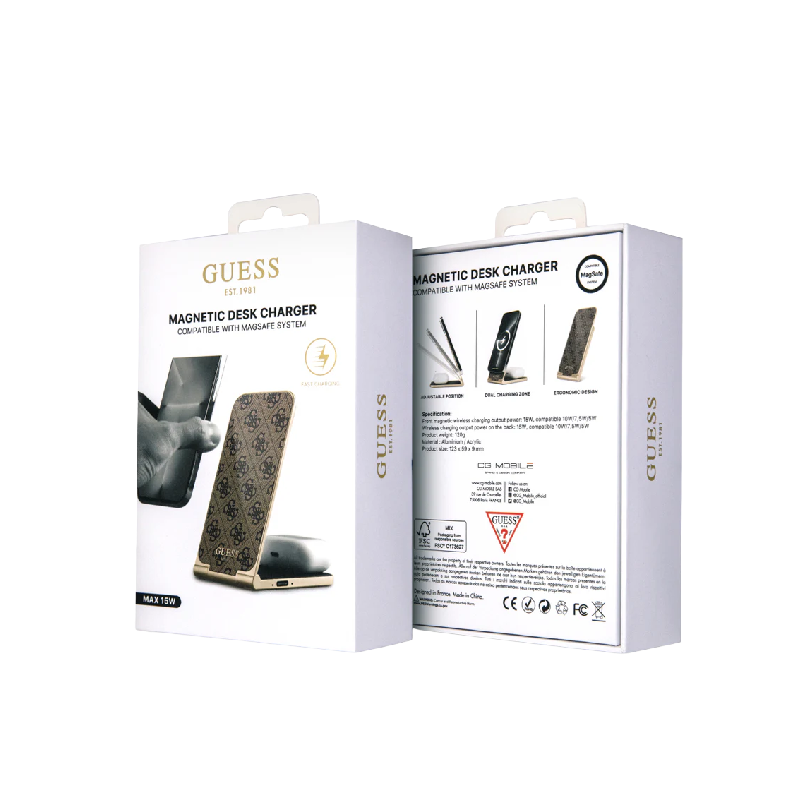 Guess 15W Magnetic Desk Charger With 4G Pattern - Brown