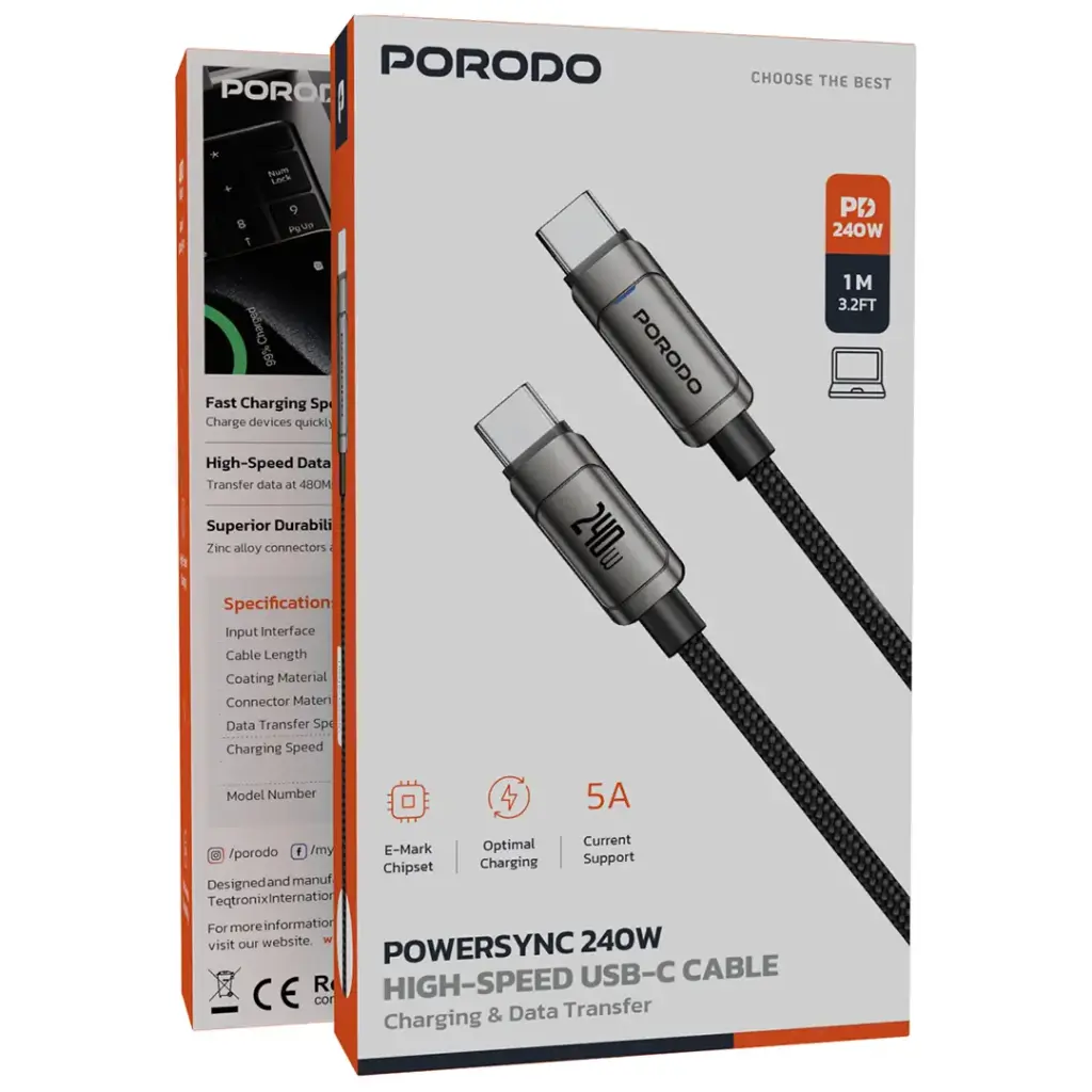 Porodo PowerSync 240W High-Speed USB-C Cable - Gray