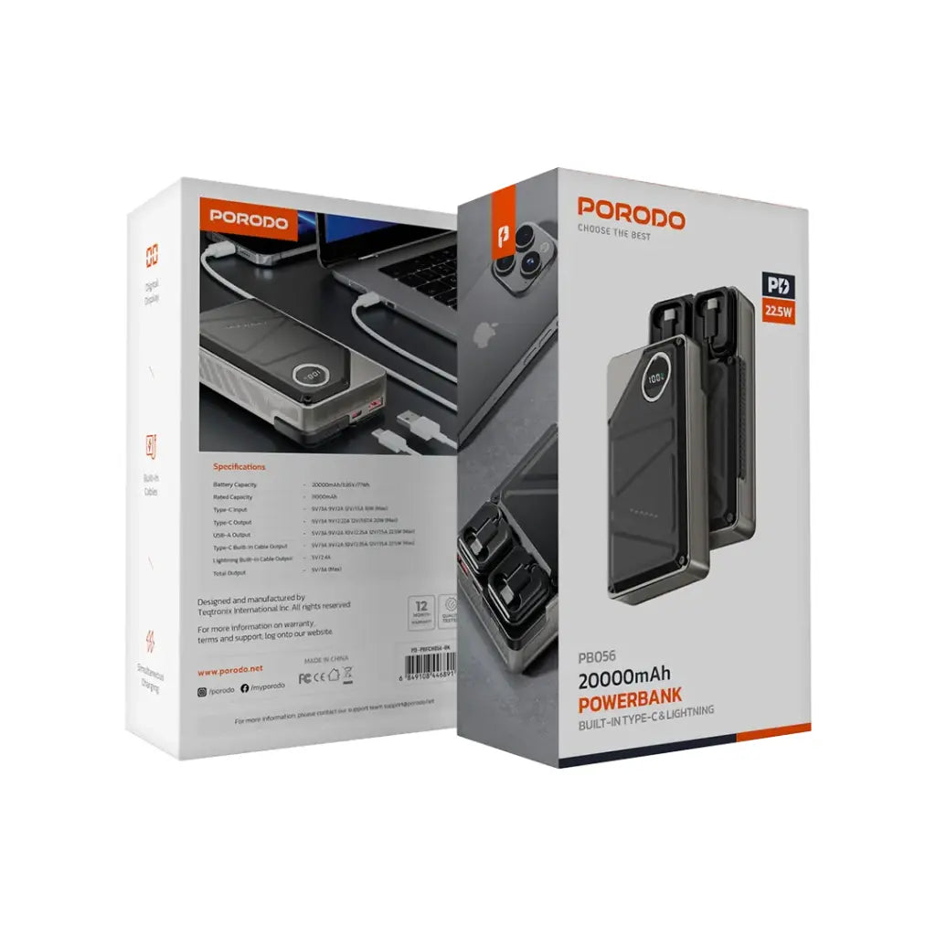 Porodo 20000mAh Power Bank Built-In Type-C & Lightning