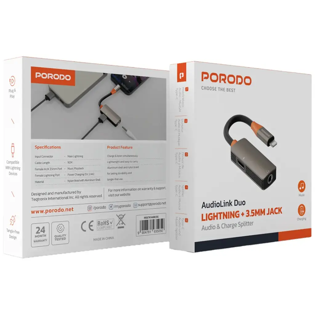 Porodo AudioLink Duo Lightning + 3.5mm Jack Audio and Charge Splitter - Black & Orange