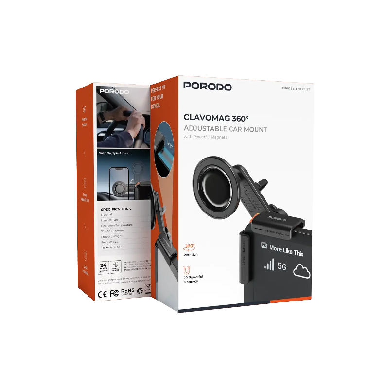 Porodo Clavomag 360° Adjustable Car Mount with Powerful Magnets - Black