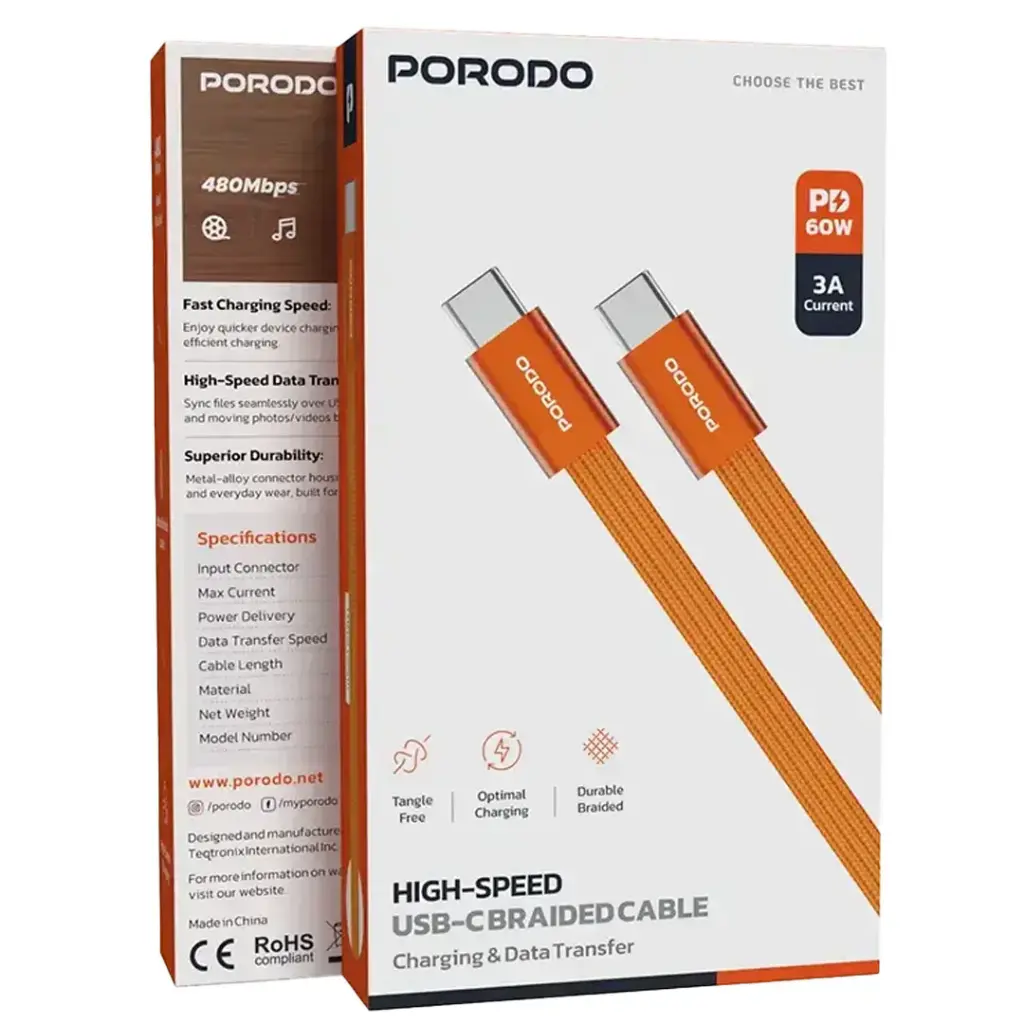 Porodo High-Speed USB-C Braided Cable Charging & Data Transfer - Orange