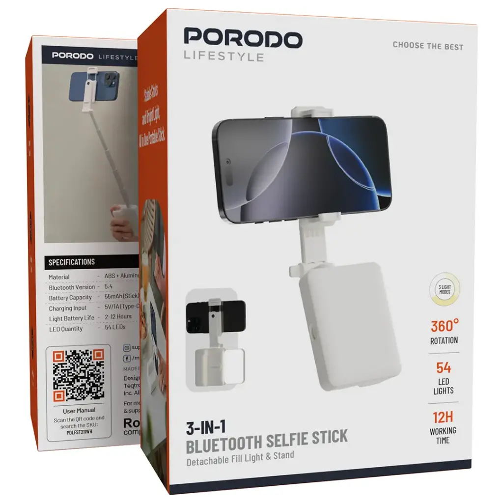 Porodo Lifestyle 3-In-1 Bluetooth Selfie Stick with Detachable Fill Light & Stand - White