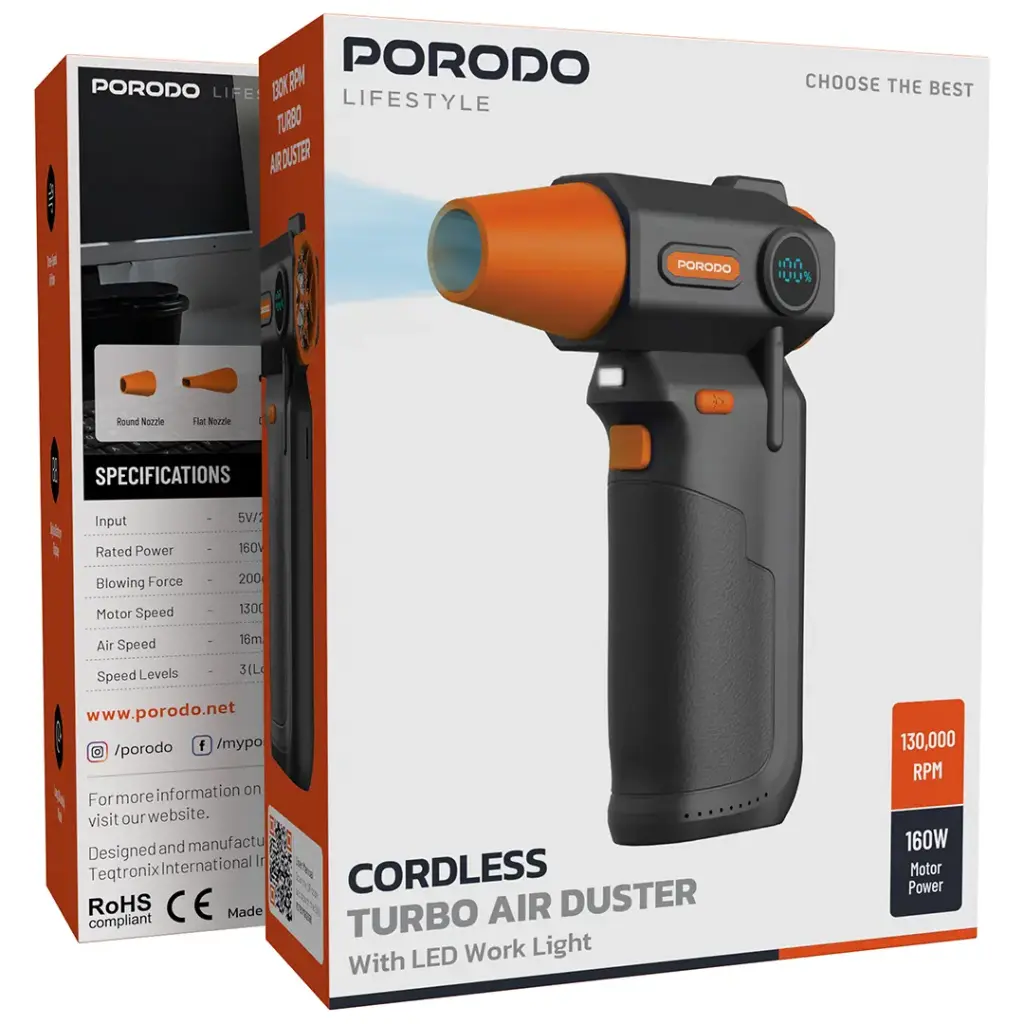 Porodo Lifestyle Cordless Turbo Air Duster with LED Work Light - Black