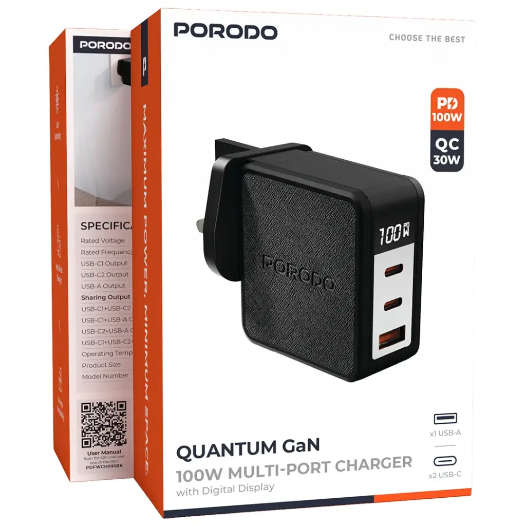 Porodo Quantum GaN 100W Multi-Port Charger with Digital Display - Black