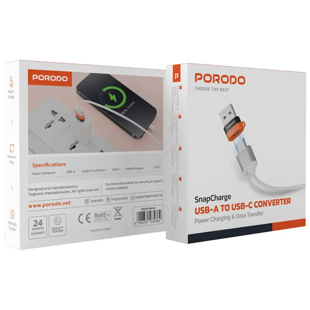 Porodo SnapCharge USB-A to USB-C Converter - Black & Orange