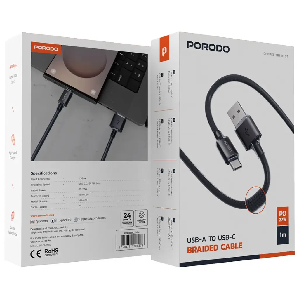 Porodo USB-A to USB-C Braided Cable - Black