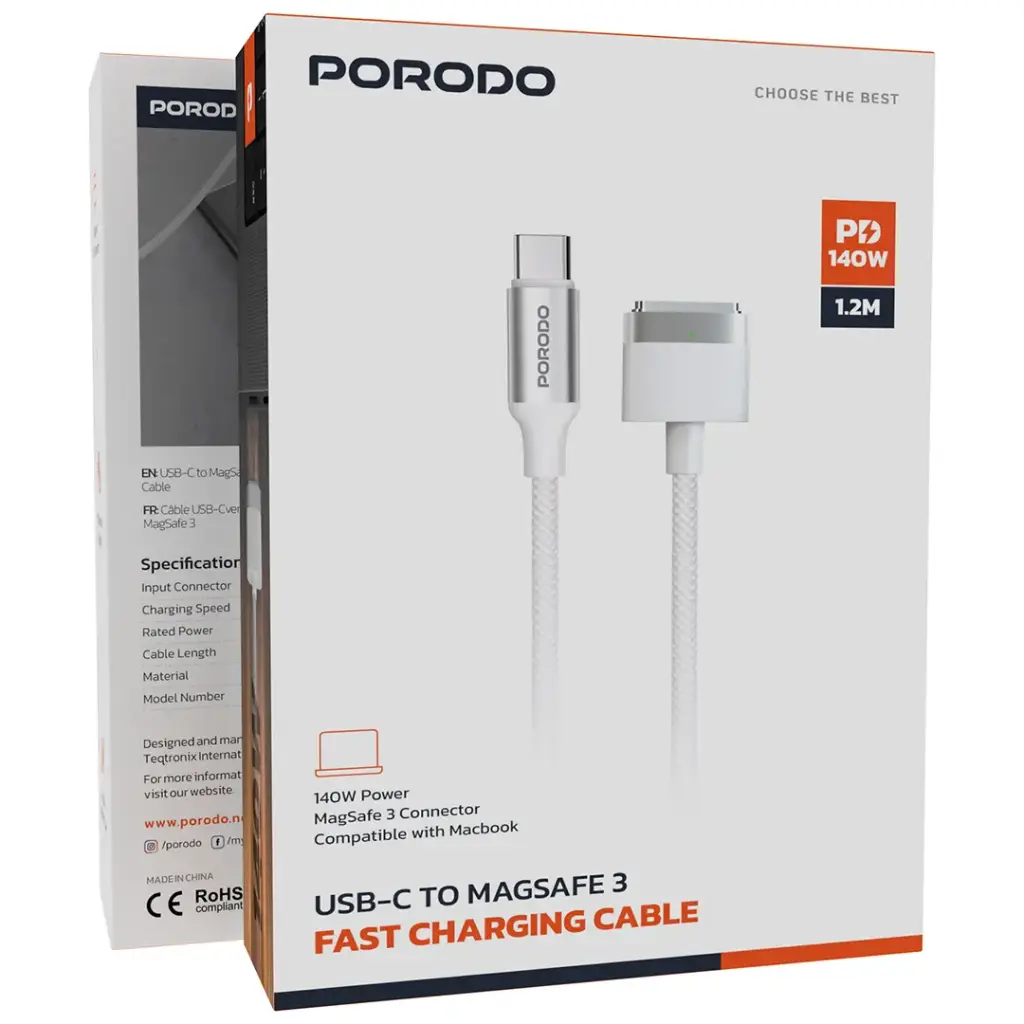 كابل شحن سريع Porodo USB-C إلى MagSafe 3 - أبيض