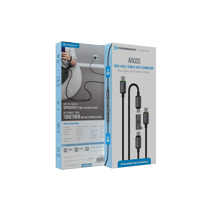 Powerology Argos Dual USB-C Cables with Connector - Grey