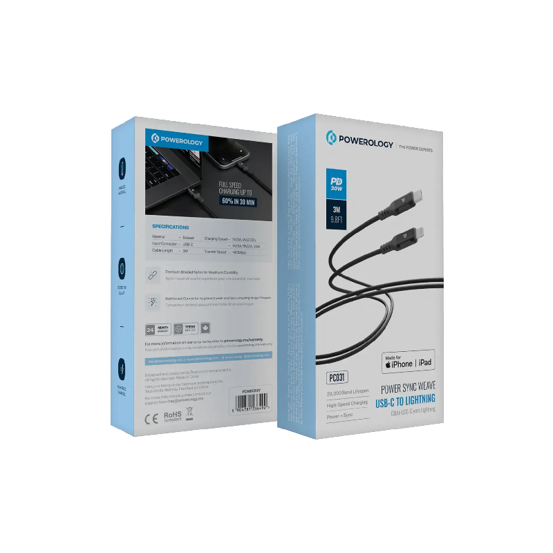 Powerology Power Sync Weave PD 30W USB-C to Lightning 3m Cable