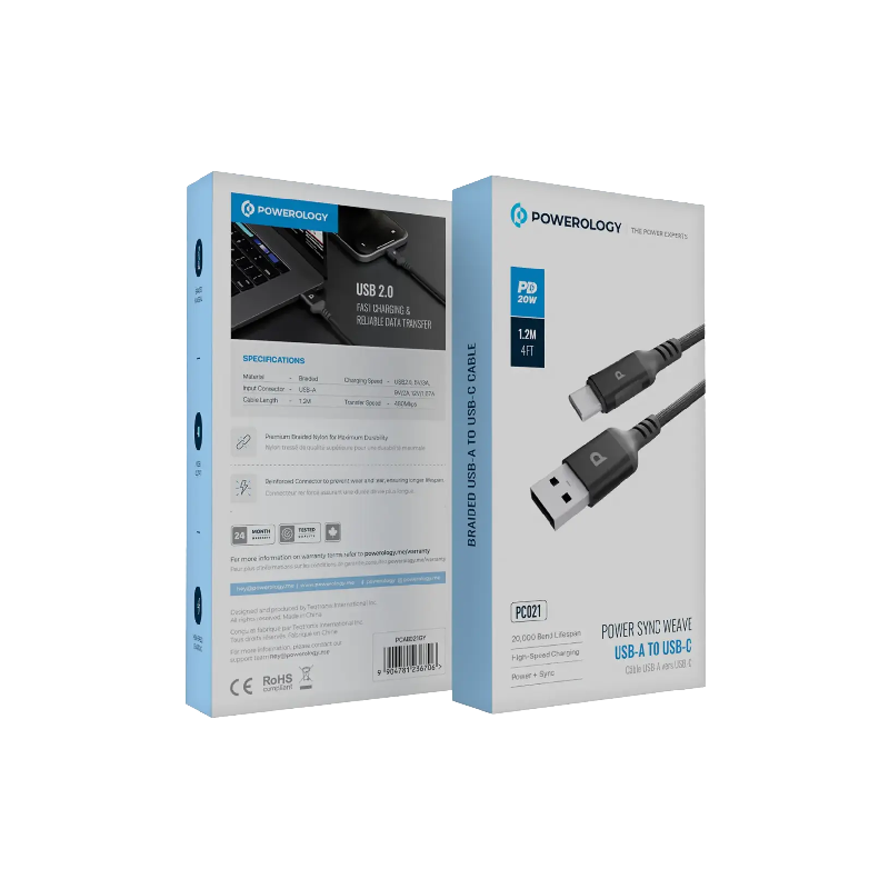 Powerology Power Sync Weave USB-A to USB-C PD 20W