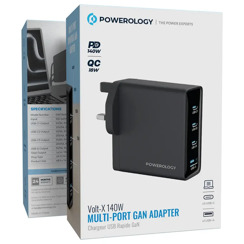 Powerology Volt-X 140W Multi-Port Gan Adapter - Black