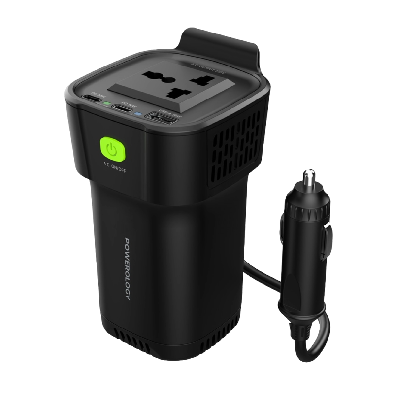 Powerology محول 150 واط تيار متردد عالمي USB A عدد 2 تايب سي تيار مباشر للسيارة 12 فولت 10 أمبير - أسود