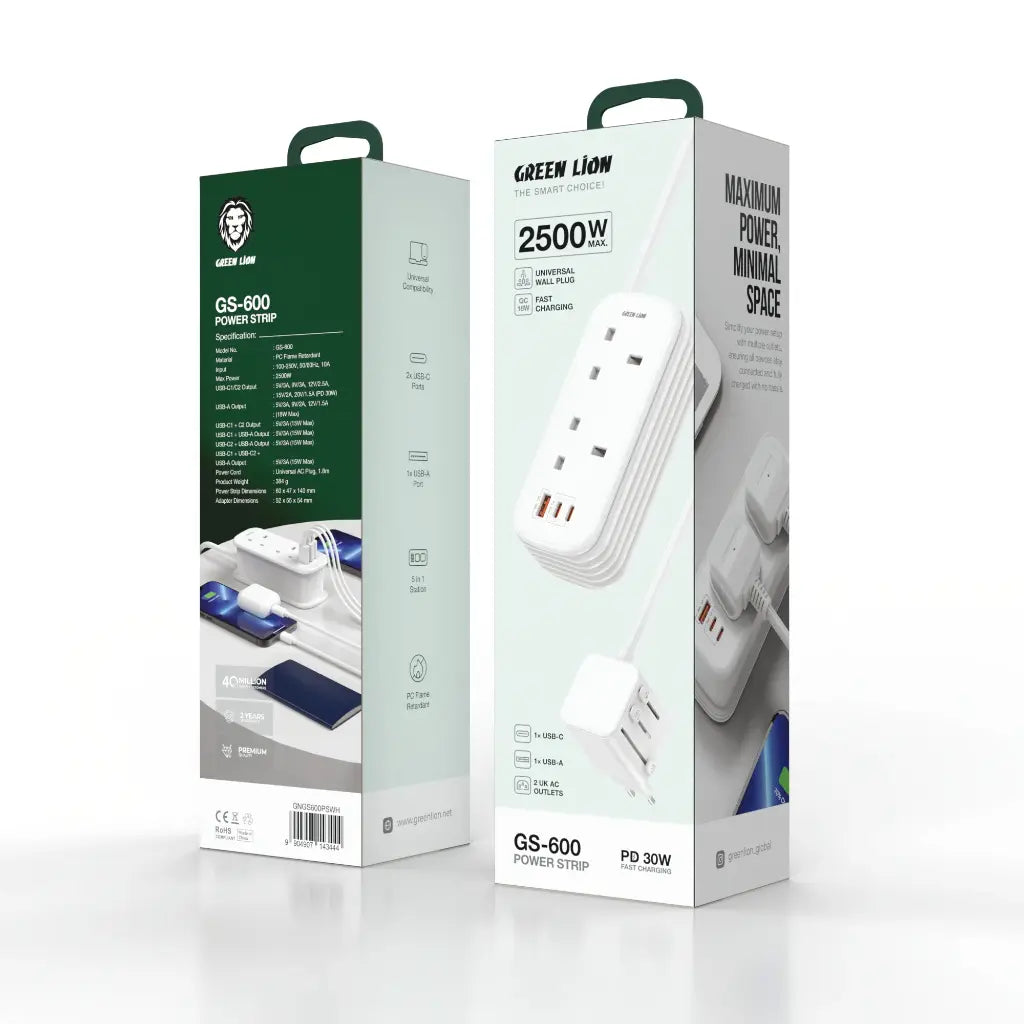 شريط الطاقة جرين لايون GS-600 USB-C | USB-A | 2*مقابس تيار متردد بريطانية PD 30W - أبيض