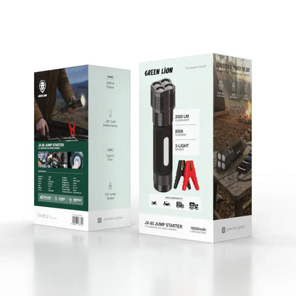 Green Lion JX-80 12V Jump Starter - 4L Gasoline, 2.5L Diesel Engines, 16000mAh - Grey