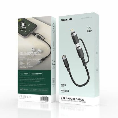 Green Lion 2 IN 1 AUDIO CABLE 12CM USB-C, LIGHTNING TO 3.5 MM JACK