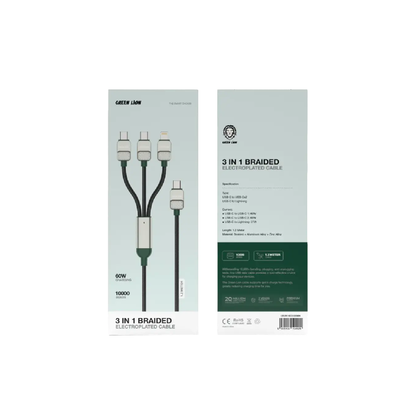 Green Lion 3-in-1 Cable Braided Type-C to C+C+L - Black