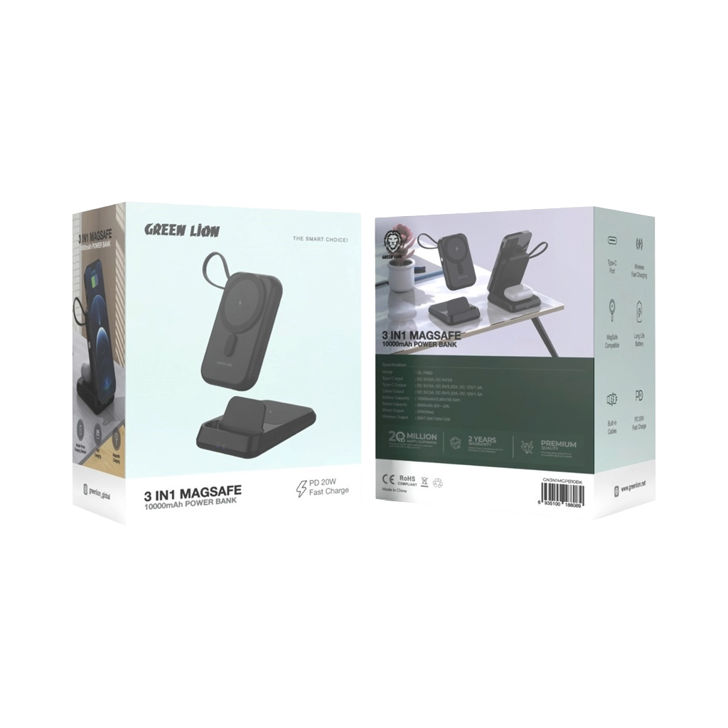 Green Lion 3 in 1 Magsafe 10000mAh Power Bank - Black