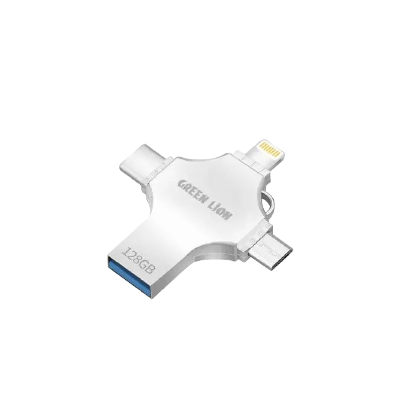 ذاكرة فلاش USB من جرين ليون 4 في 1 سعة 128 جيجابايت - فضي