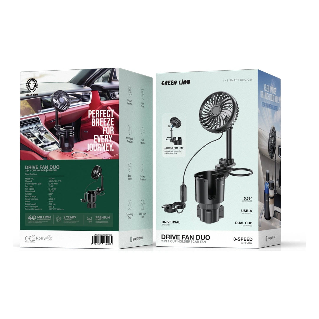 Green Lion Drive Fan Duo 2-In-1 Cup Holder with Car Fan - Black