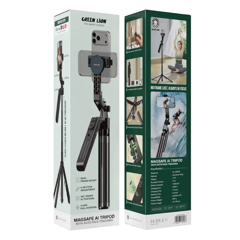 Green Lion MagSafe AI Tripod With Auto Face Tracking - Black