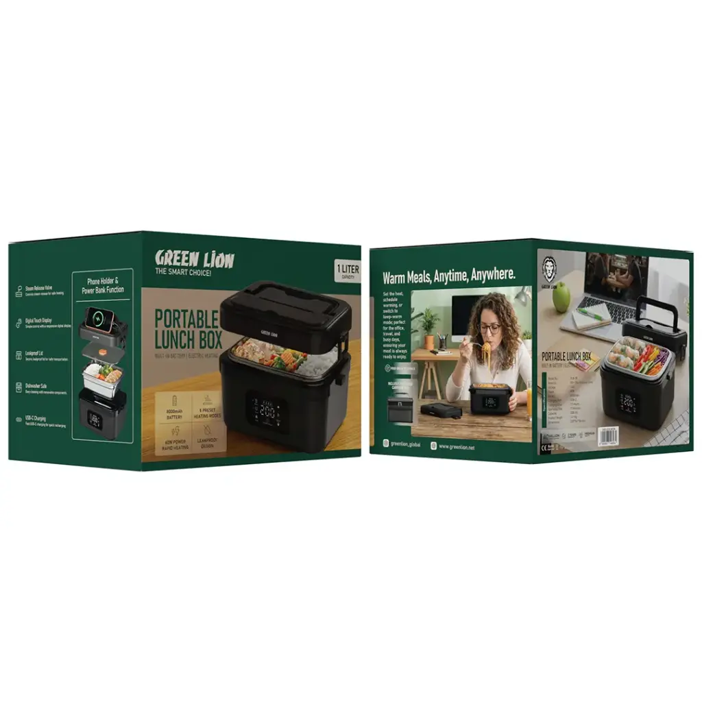 Green Lion Portable Lunch Box with Built-In Battery & Electric Heating - Black
