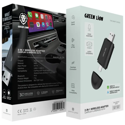 محول جرين ليون اللاسلكي 2 في 1 لـ CarPlay و Android Auto - أسود