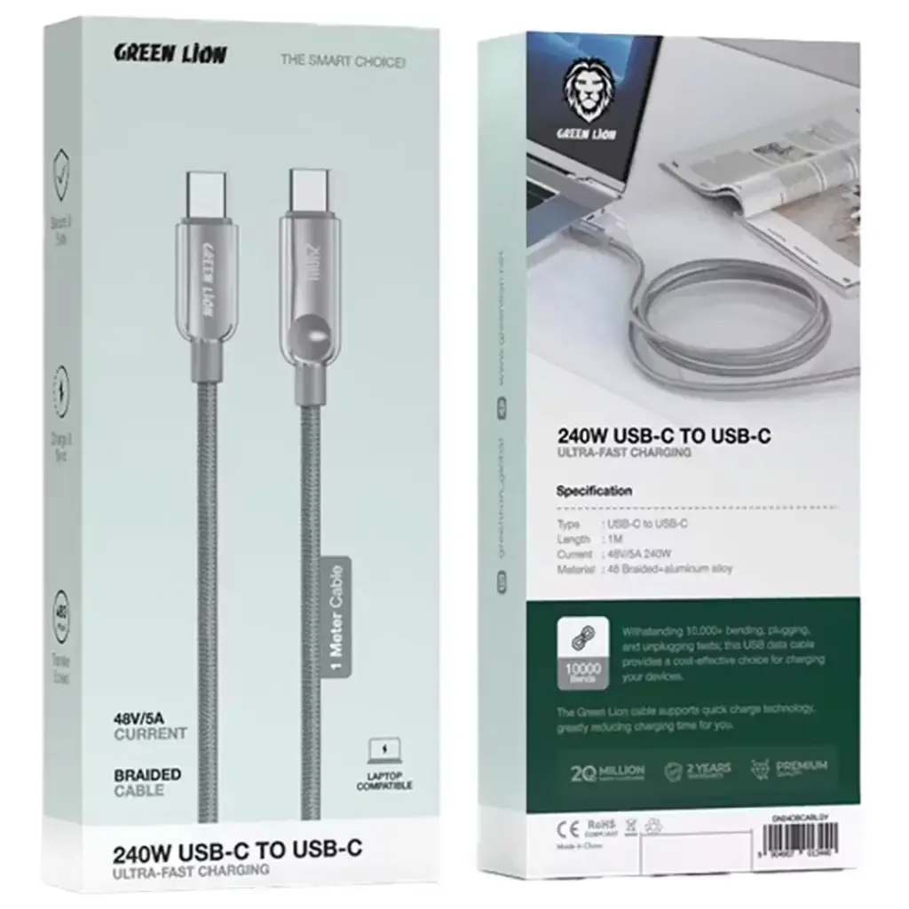 Green Lion 240W USB-C to USB-C Ultra Fast Charging 1m Braided Cable - Gray