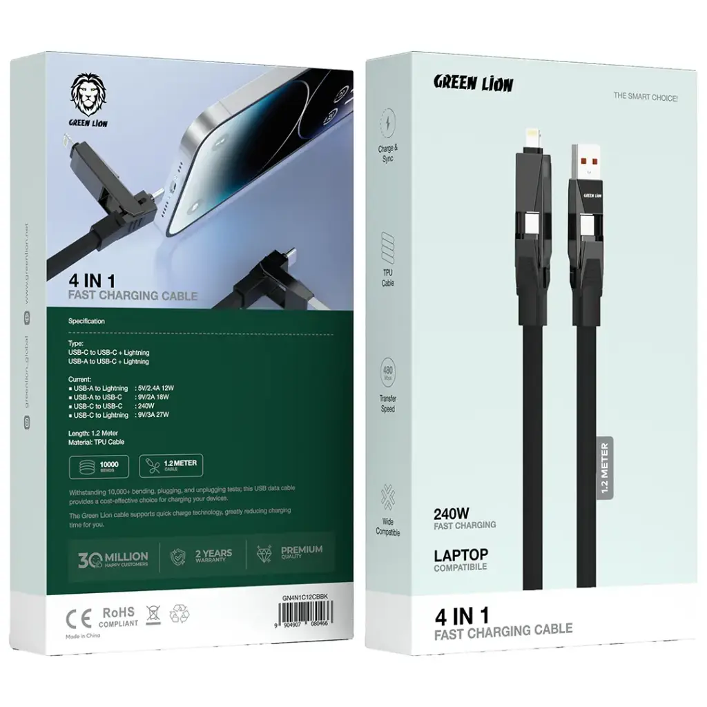 Green Lion 4-In-1 Fast Charging Cable - Black
