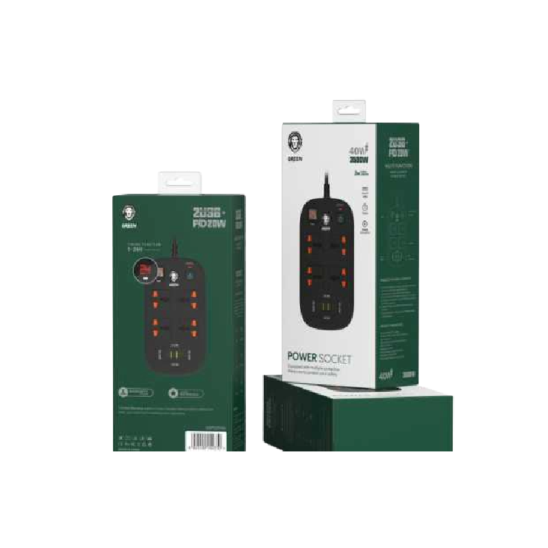 القابس الذكي متعدد المنافذ Green Lion 4 AC 2 USB و2 USB-C PD بقوة 40 واط وقدرة 3500 واط (3 متر)