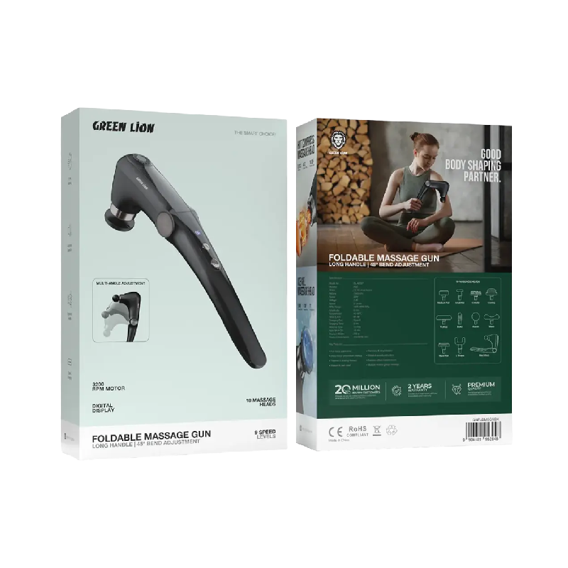 Green Lion Foldable Massage Gun with Long Handle & 45° Bend Adjustment - Black