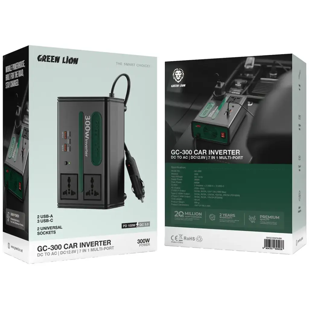 Green Lion GC-300 Car Inverter 7-In-1 Multi-Port with DC to AC & DC 12.8V - Black