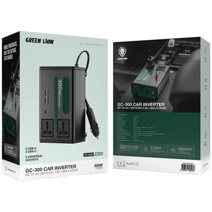 Green Lion GC-300 Car Inverter 7-In-1 Multi-Port with DC to AC & DC 12.8V - Black