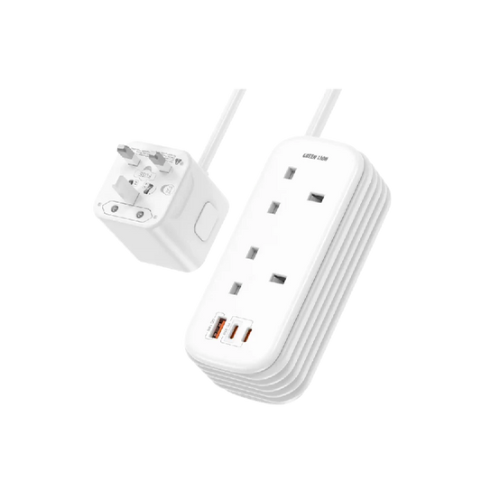 شريط الطاقة جرين لايون GS-600 USB-C | USB-A | 2*مقابس تيار متردد بريطانية PD 30W - أبيض