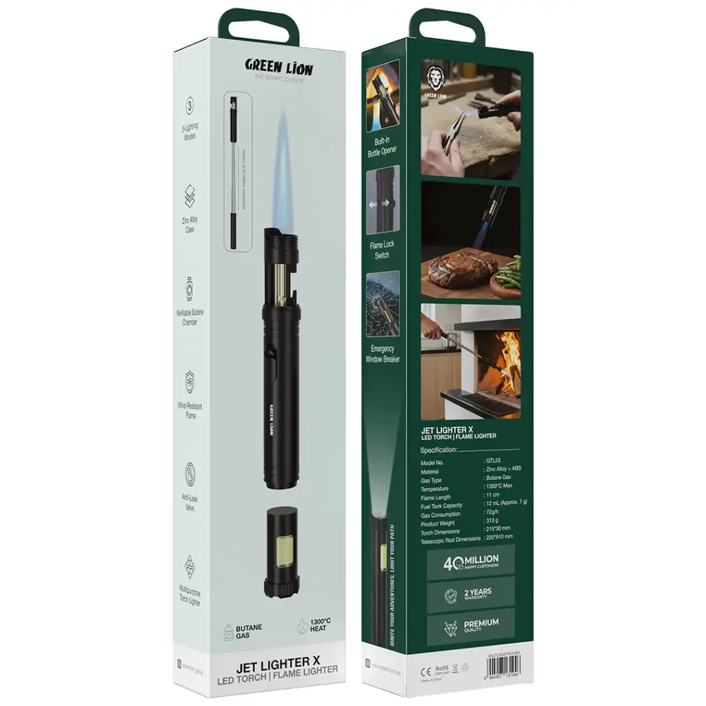 Green Lion Jet Lighter X LED Torch ( Flame Lighter) - Black
