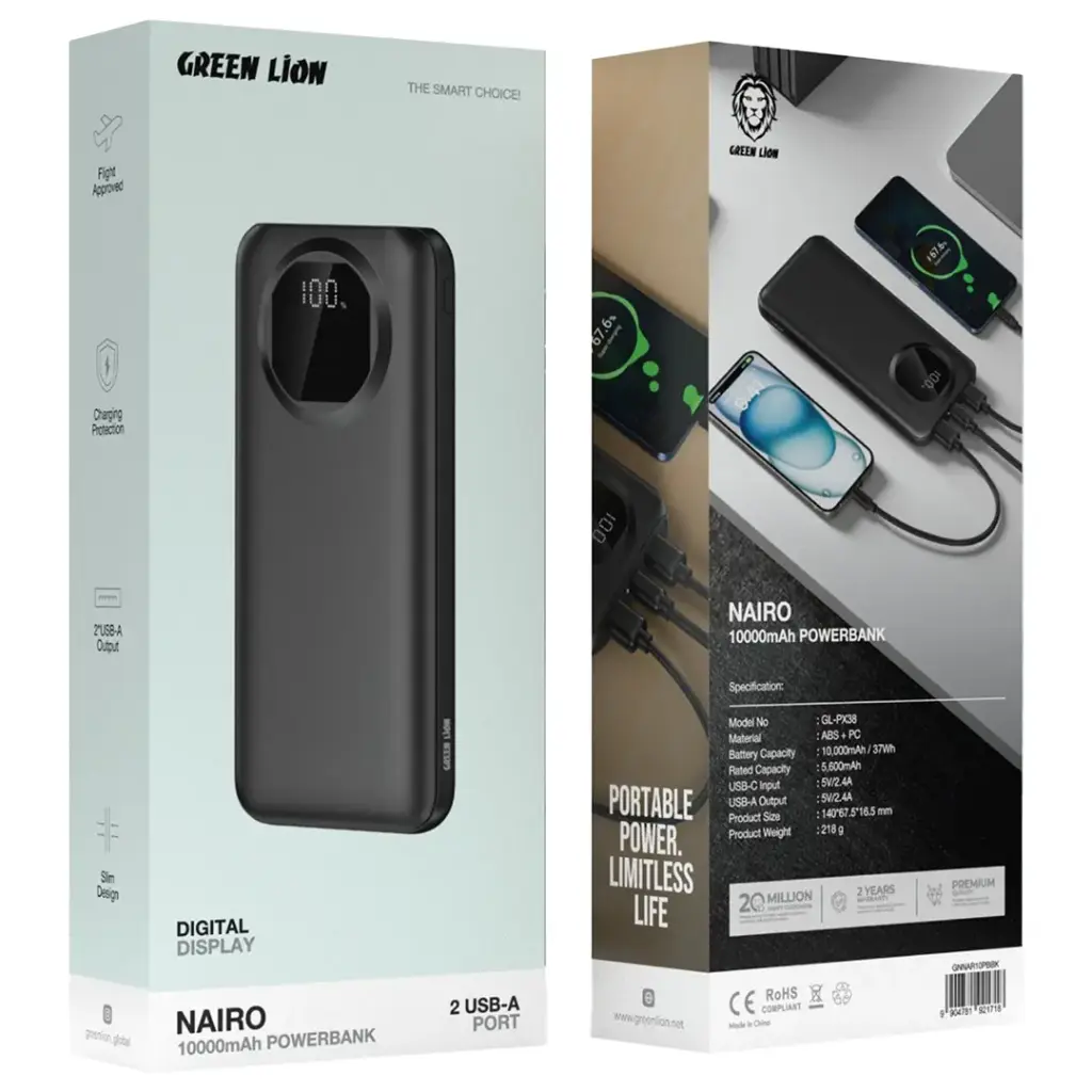 Green Lion Nairo 10000mAh Power Bank - Black