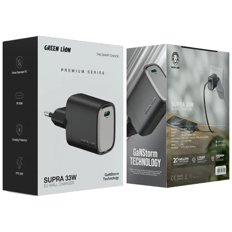 Green Lion Supra 33W EU Wall Charge - Black/Grey