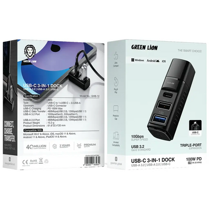 Green Lion USB-C 3-In-1 Dock with USB-A 3.2 & USB-A 2.0 & USB-C - Black