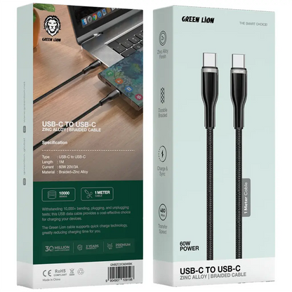 كيبل أخضر من Green Lion من نوع USB-C إلى USB-C من سبائك الزنك ومضفر - أسود