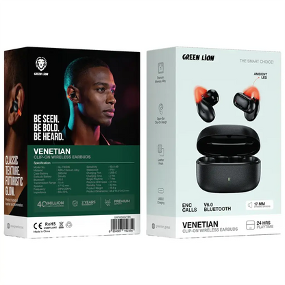 Green Lion Venetian Clip-On Wireless Earbuds - Black