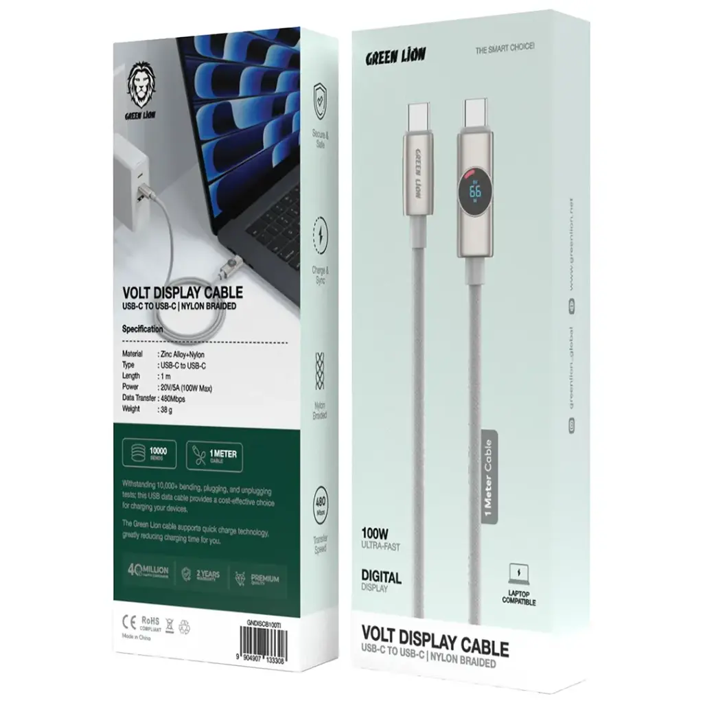 Green Lion Volt Display USB-C to USB-C Nylon Braided Cable - Titanium