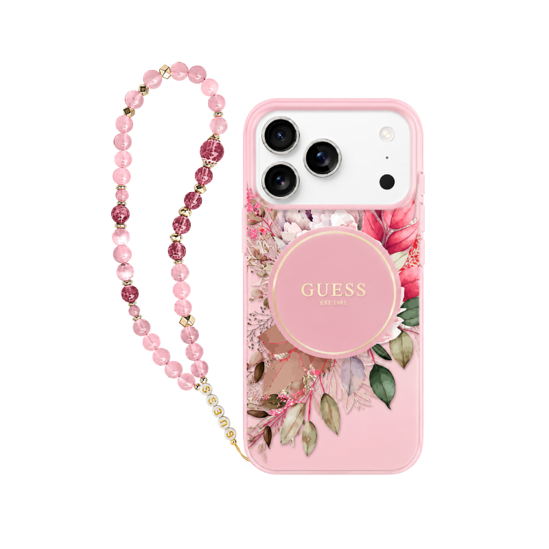 جراب Guess بتصميم الأزهار مع حزام لهاتف iPhone 17 Pro Max