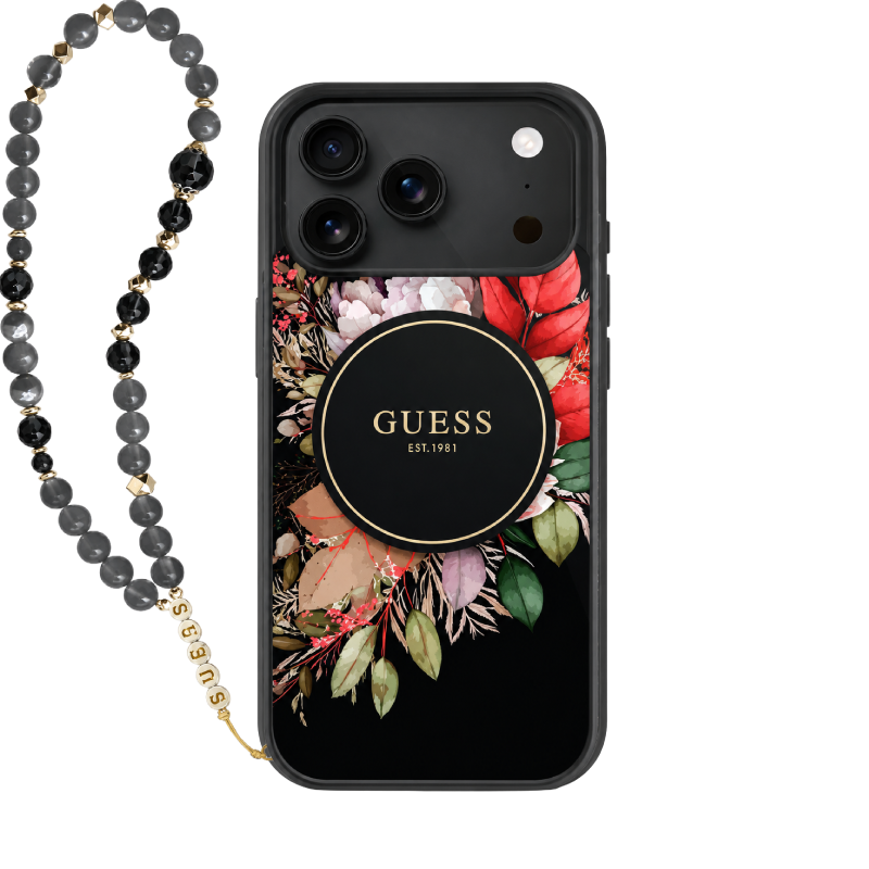 جراب Guess MagSafe IML بنمط الزهور مع حبل لهاتف 17 Pro Max